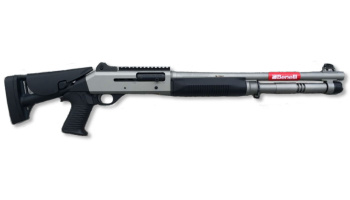 Halbautomat, Benelli, Modell M4 Super 90 Silver, Kal. 12/76, mit Auszugschaft, Ghost Sight, Picatinny Schiene und Pistolengriff