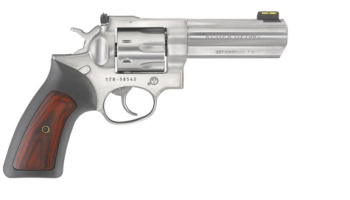Revolver, Ruger, Mod. GP100 (KGP-141-7), 4.2'' Lauf, Stainless Steel, Kal. .357 Magnum, <b>Gummigriffschalen mit Holzeinlagen, 7 Schuss</b>, HiViz-Korn