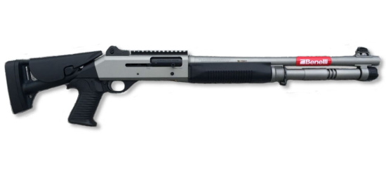 Halbautomat, Benelli, Modell M4 Super 90 Silver, Kal. 12/76, mit Auszugschaft, Ghost Sight, Picatinny Schiene und Pistolengriff