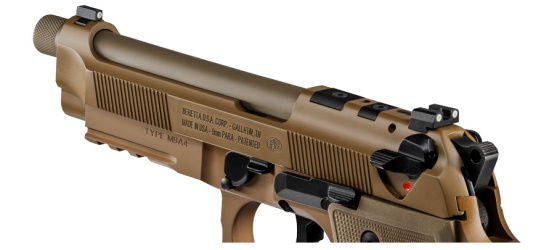Pistole, Beretta, M9A4, Kal. 9 mm Para/Luger/9x19, FDE, Tritium Nachtvisierung, Picatinny-Schiene und Laufgewinde, 18 Schuss Magazin