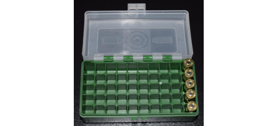 Munitionsbox, Fritzmann, für Kal. 9mm Para, für 50 Patronen, aus Kunststoff, mit Scharnier