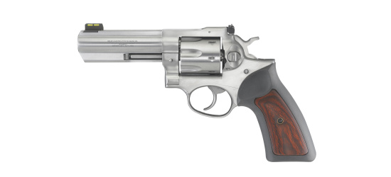 Revolver, Ruger, Mod. GP100 (KGP-141-7), 4.2'' Lauf, Stainless Steel, Kal. .357 Magnum, <b>Gummigriffschalen mit Holzeinlagen, 7 Schuss</b>, HiViz-Korn